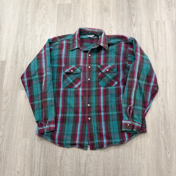 Vintage Five Brother Flannel Shirt Mens XL Teal Purple Plaid 90s Heavyweight